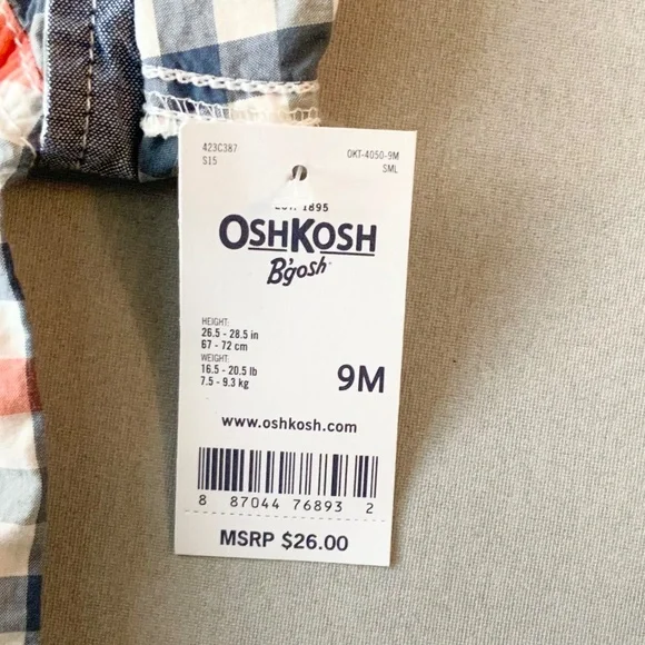 LOT OF 2 OSHKOSH B’GOSH BABY BOYS 9 Mos. ONE PIECE BODYSUITS PLAID & STRIPED NWT - Picture 3 of 7